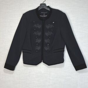White House Black Market WHBM Womens 14 Black Embroidered Military Blazer Jacket